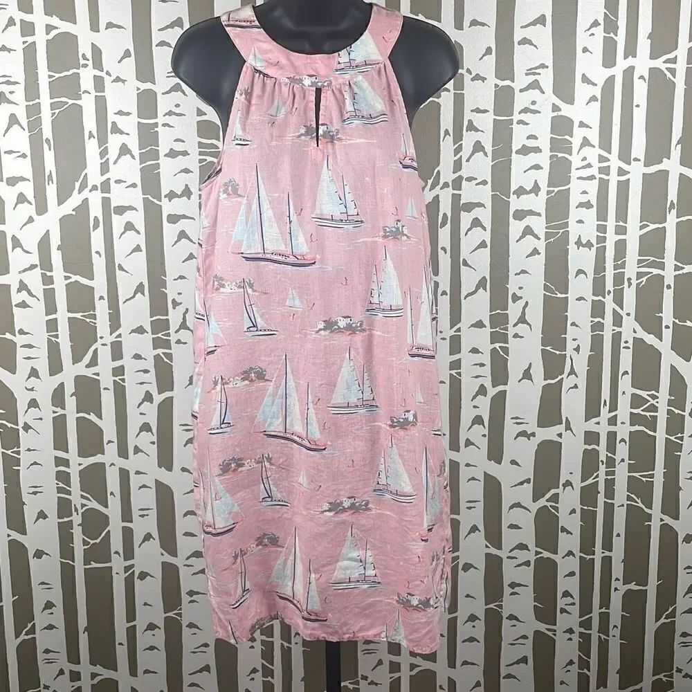 St. Tropez West Linen Sailboat Print Pink High Neck Dress S